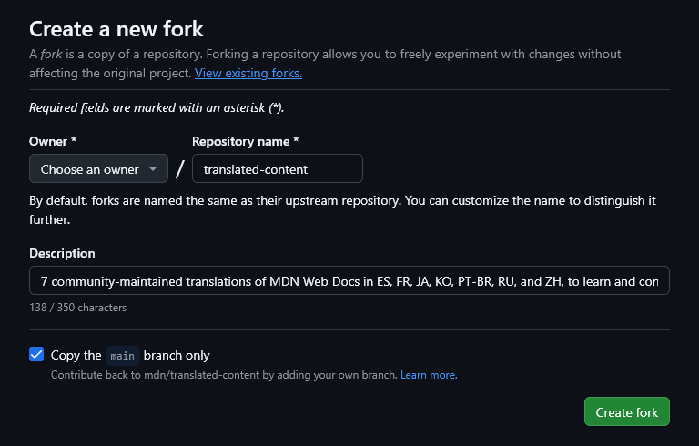 Formulaire de bifurcation du dépôt avec les champs pour le nom du dépôt et les branches à copier