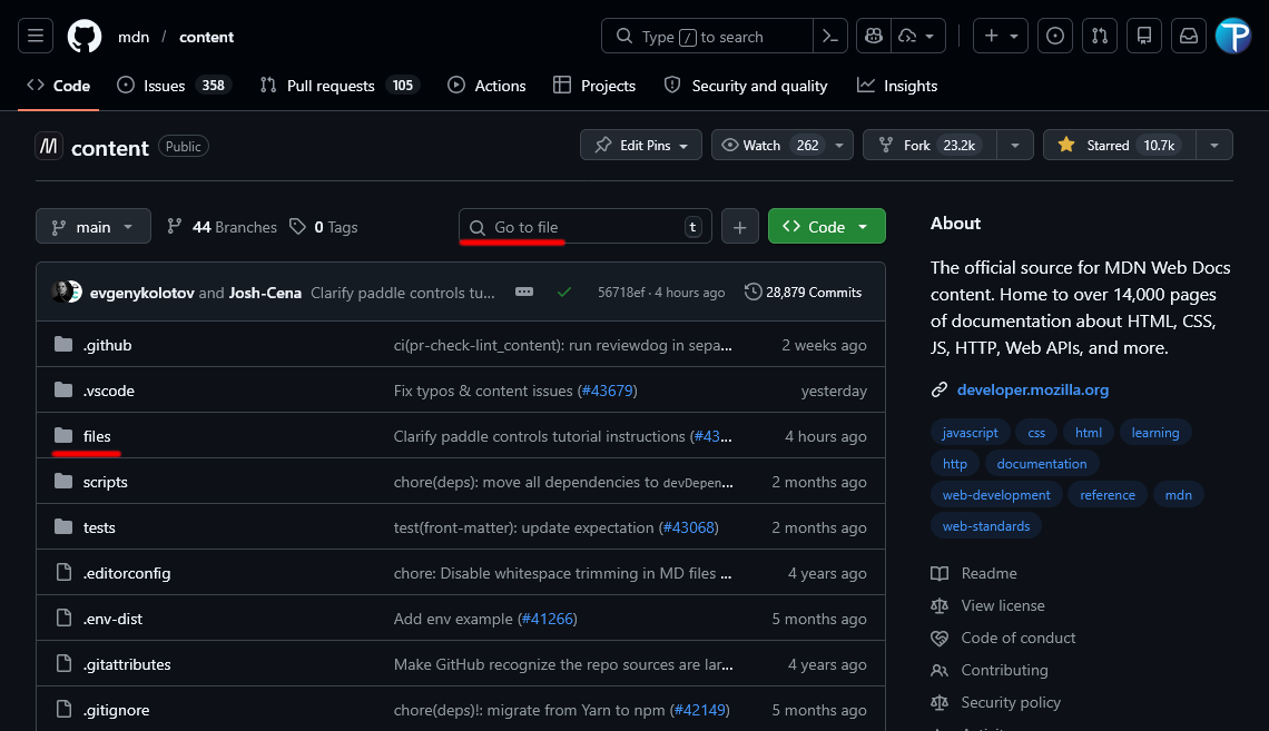 Présentation d'accueil du dépôt mdn/content sur Github en mode sombre.