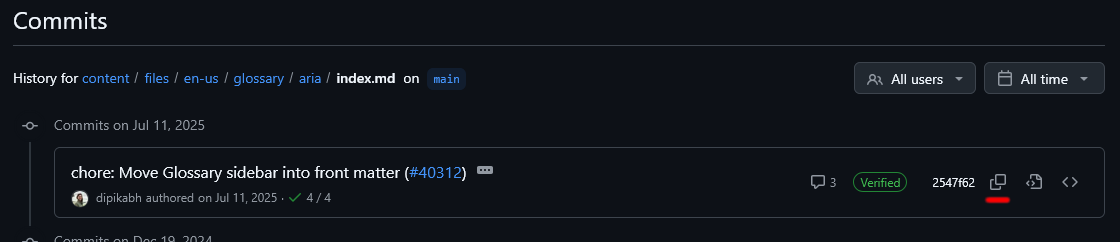 Dernier changement avec l'option pour copier le SHA soulignée en rouge