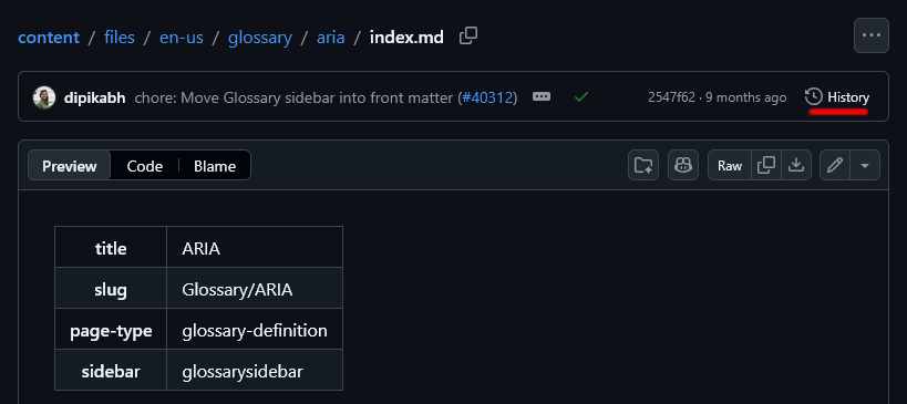 Morceau de page Github d'un fichier index.md affiché en mode Preview avec le texte History sougligné en rouge.