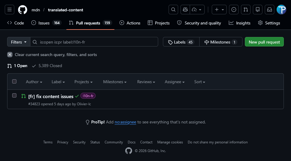Page contenant la liste des requêtes de tirage sur Github avec le bouton pour créer une nouvelle requête de tirage en vert clair se situant en haut à droite du tableau.